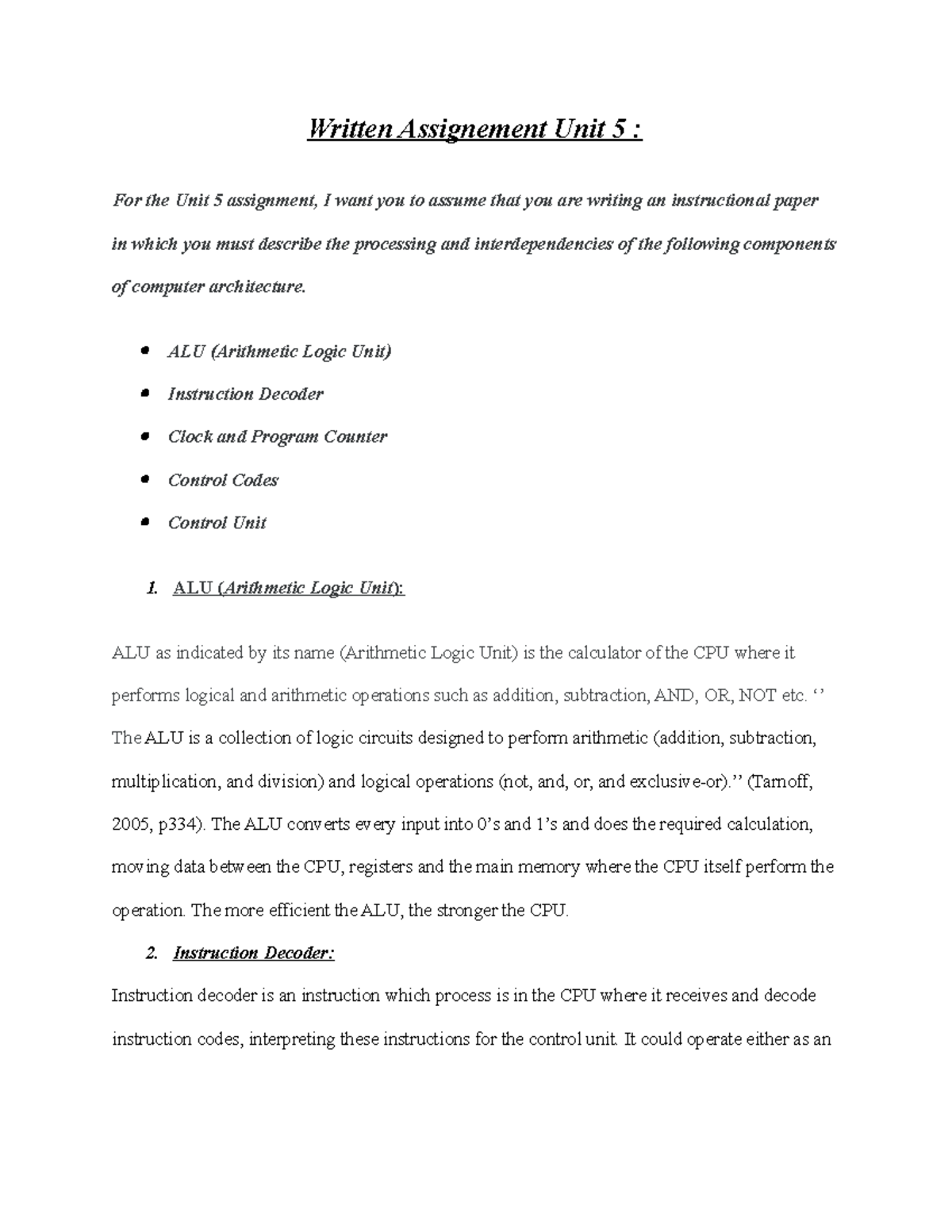 Unit 5 Written Assignment: Components of Computer Architecture - Studocu