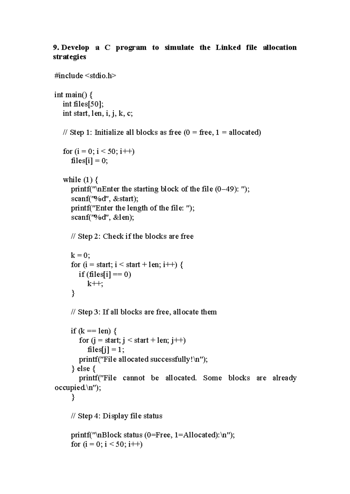 OS 9,10 - C Program for Linked File Allocation Simulation - Studocu