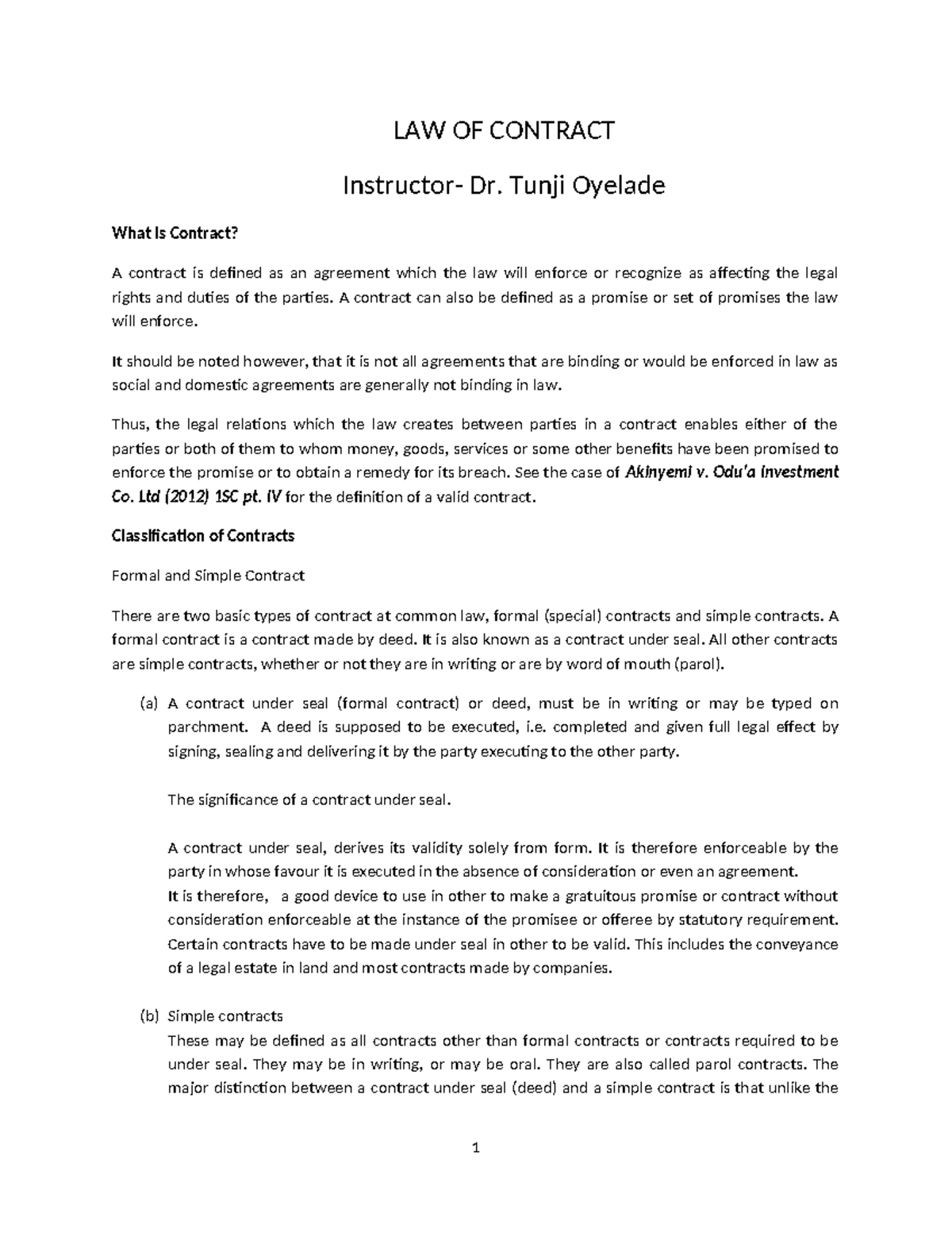LAW OF CONTRACT (LAW 101) Lecture Notes by Dr. Tunji Oyelade - Studocu