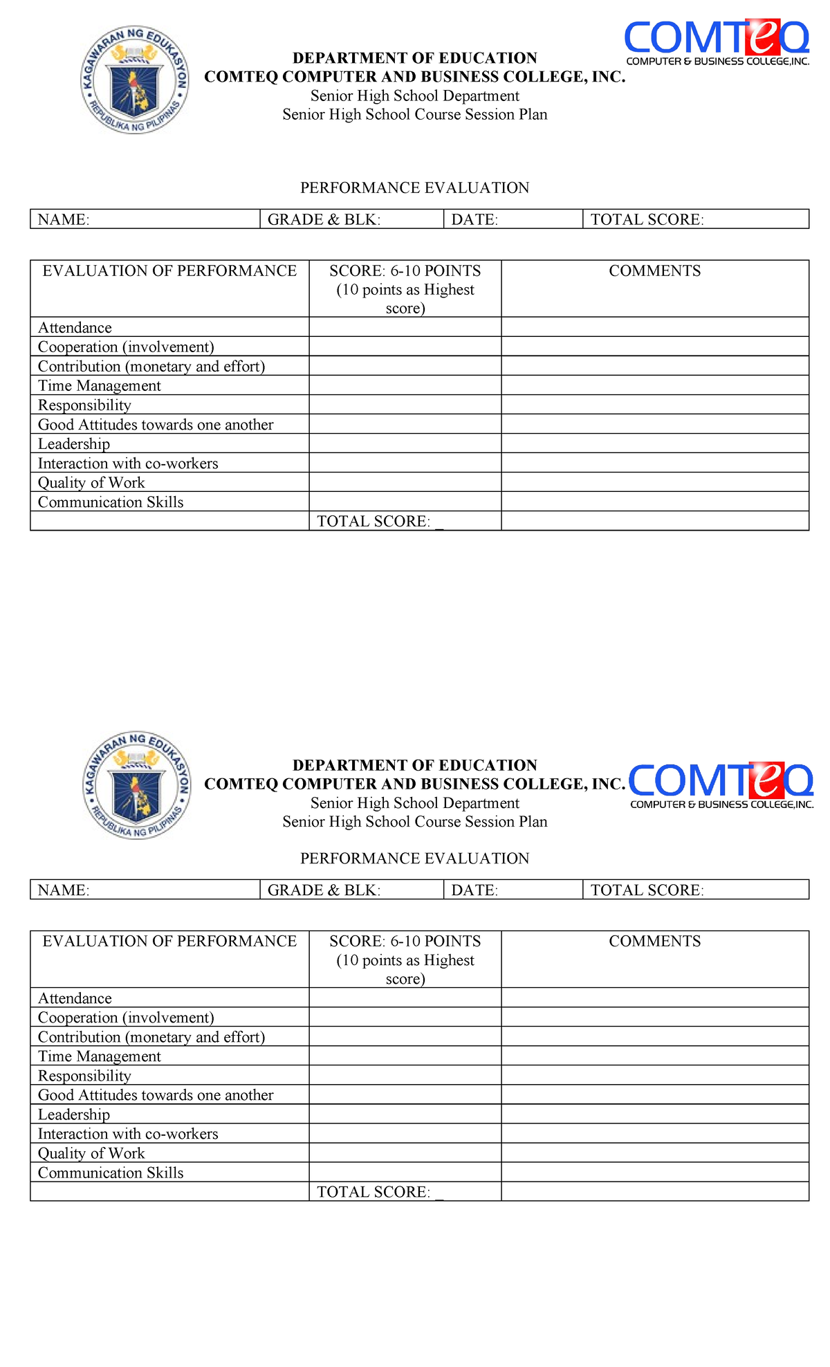 Performance Evaluation - DEPARTMENT OF EDUCATION COMTEQ COMPUTER AND ...