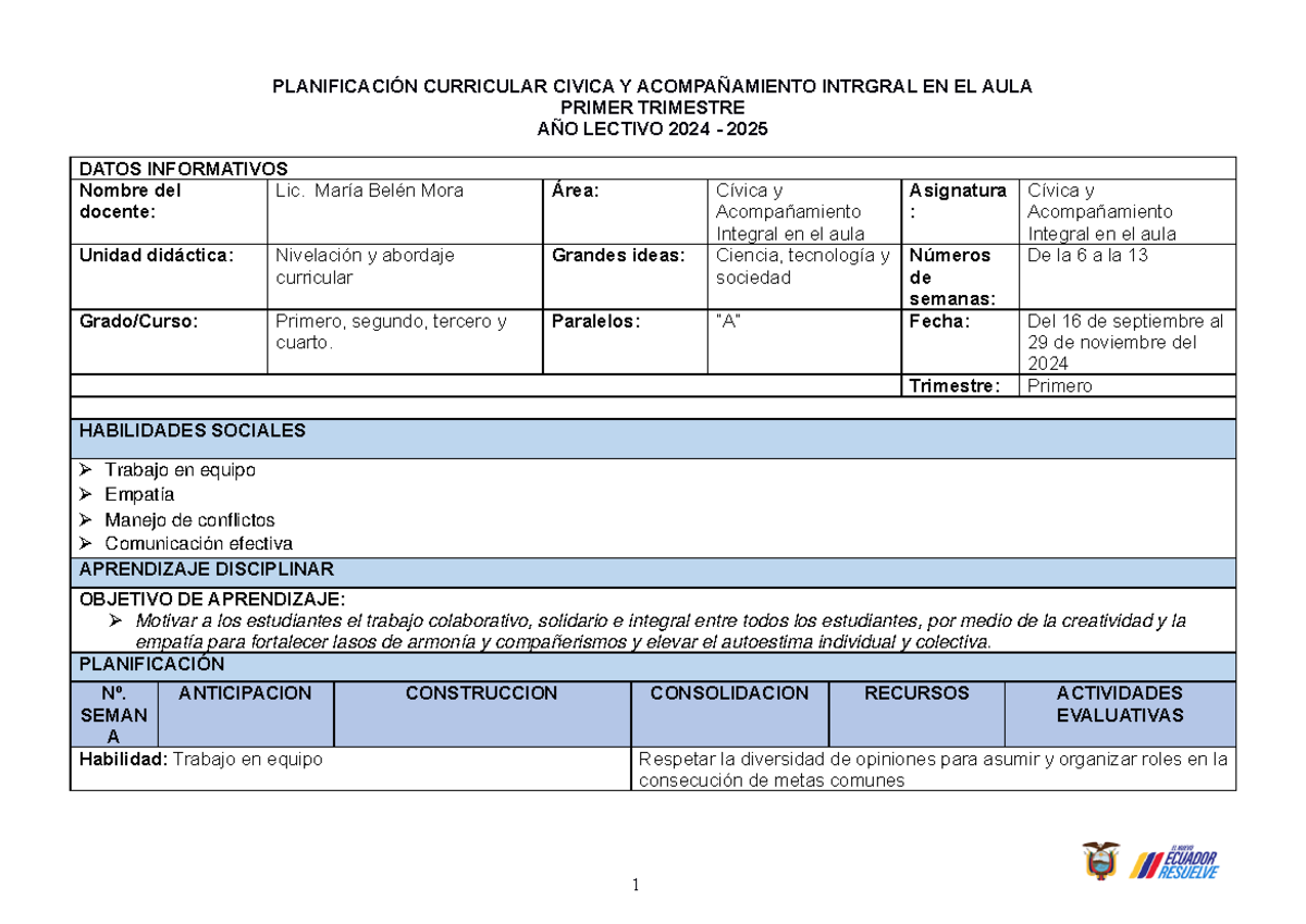 Planificación Curricular: Cívica y Acompañamiento - Primer Trimestre ...