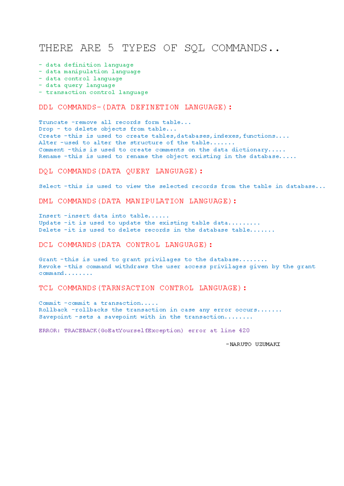 SQL Commands - Good - THERE ARE 5 TYPES OF SQL COMMANDS.. - data ...