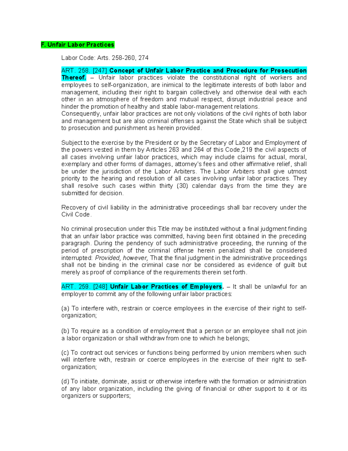Unfair Labor Practices: Insights on Labor Code Articles 258-281 - Studocu