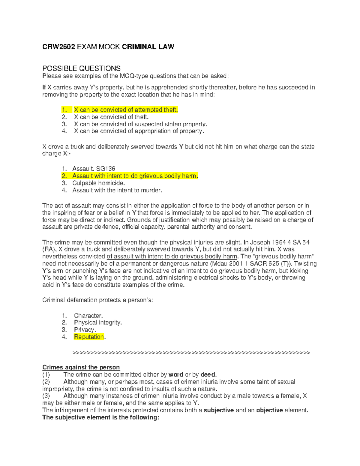MOCK EXAM CRW2602: Key Questions and Answers for Criminal Law - Studocu