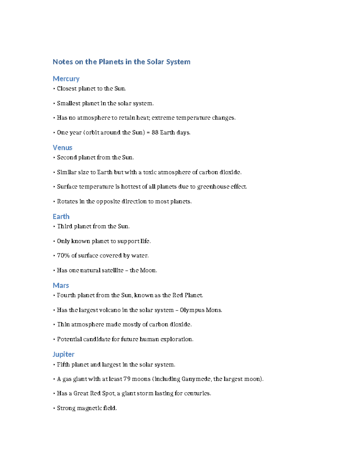 Notes on Planets in the Solar System: Key Features and Facts - Studocu