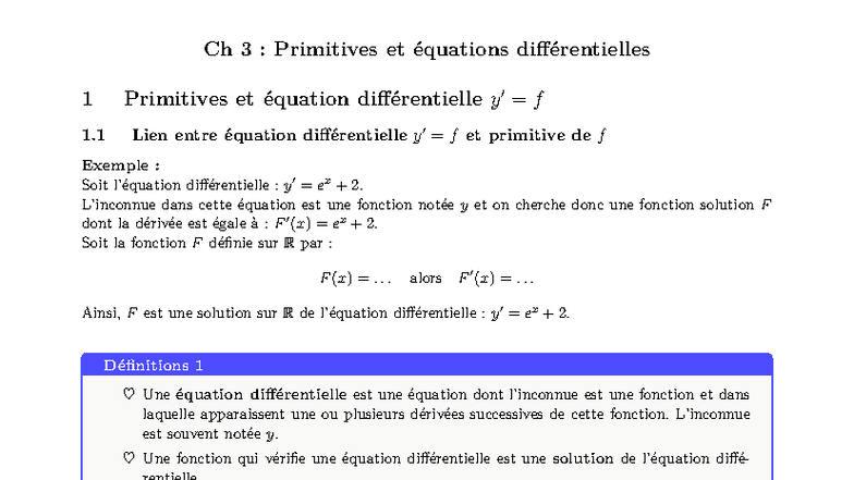 Ch 3 : Primitives et Équations Différentielles 1 - Notes de Cours - Studocu