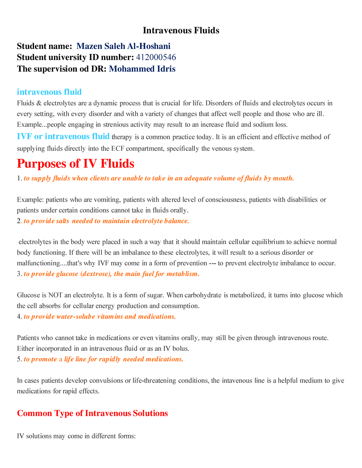 IV-Solutions - Comprehensive Guide to Intravenous Fluids - Studocu