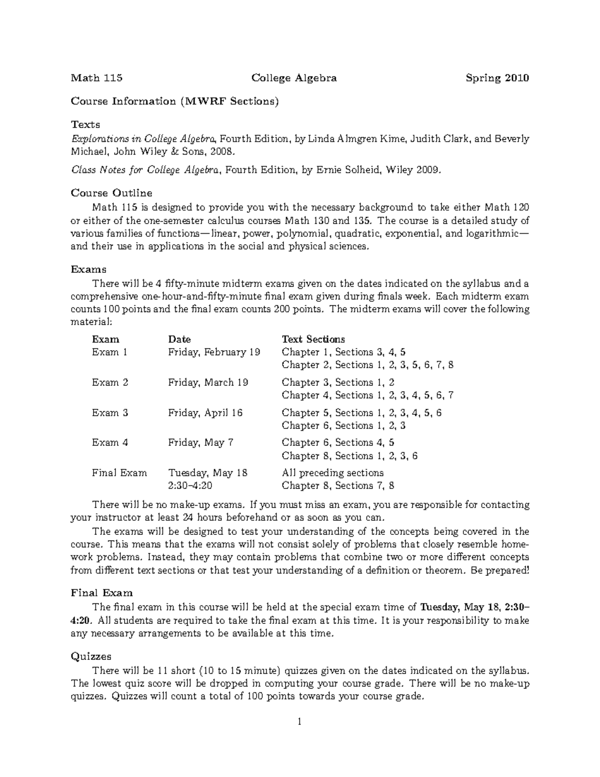 Syllabus,Math 115,College Algebra - Math 115 College Algebra Spring ...