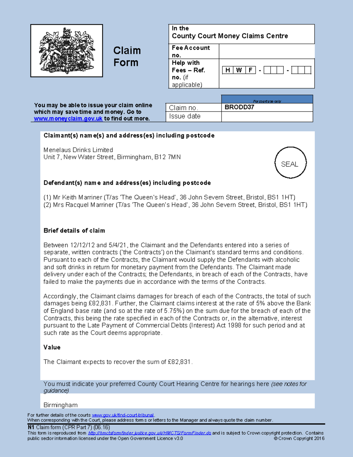 N1 Claim Form: Menelaus Drinks Ltd vs. Marriner - Court Case Overview ...