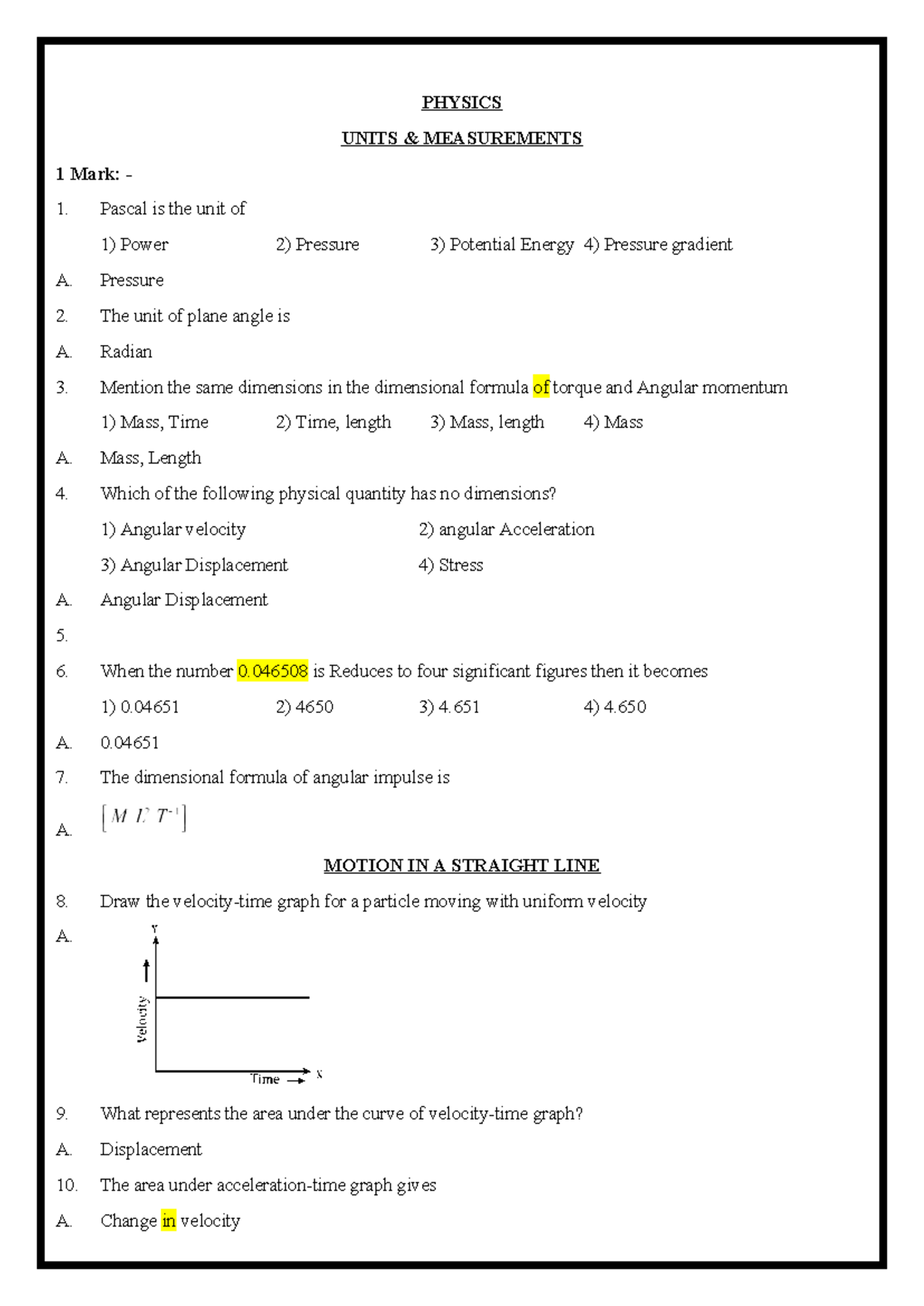GOVT. PHY-1 MARK: Units & Measurements Q&A - Studocu