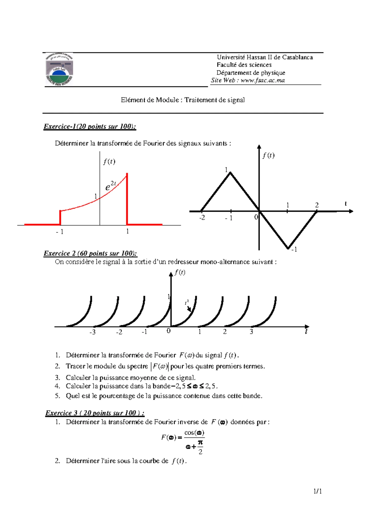 Examen S6 Physique: Analyse des Signaux et Modulations 2020 - Studocu