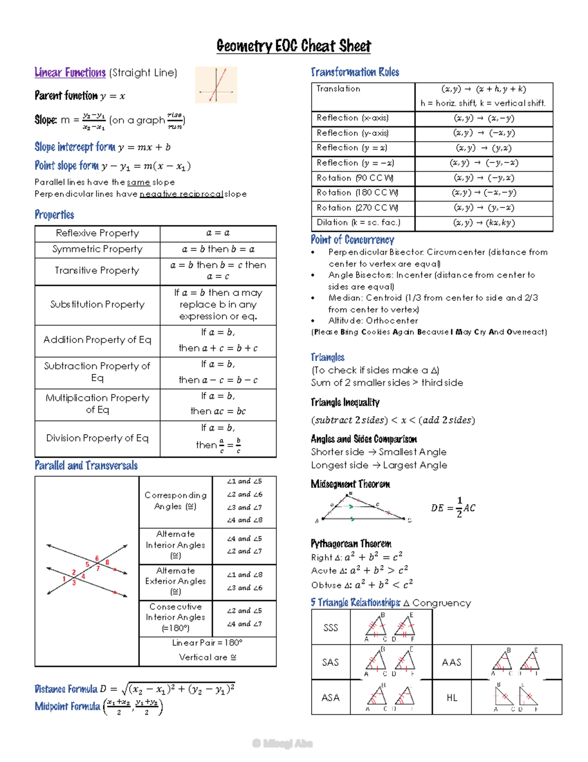 Geometry EOC Cheat Sheet: Key Concepts and Formulas - Studocu