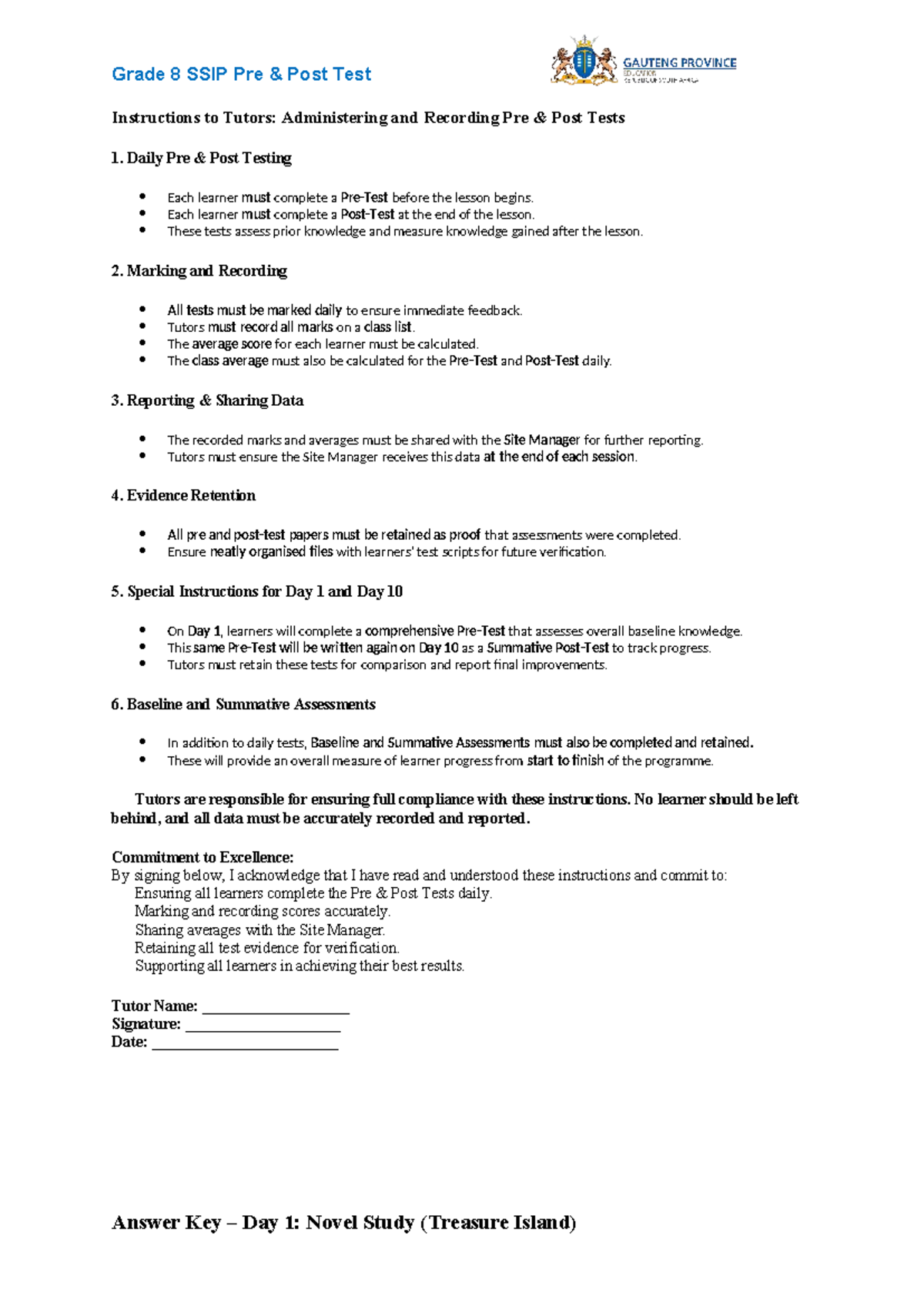 Grade 8 SSIP Pre & Post Test Answer Key: Days 1-10 - Studocu