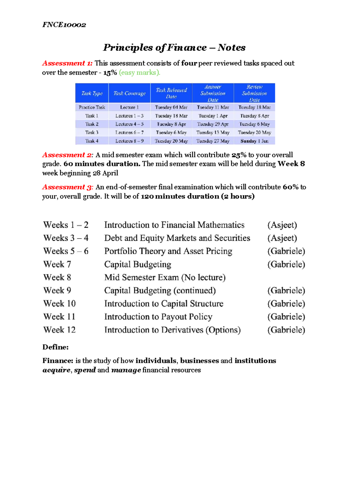 Principles of Finance - Lecture Notes & Assessments (FIN101) - Studocu