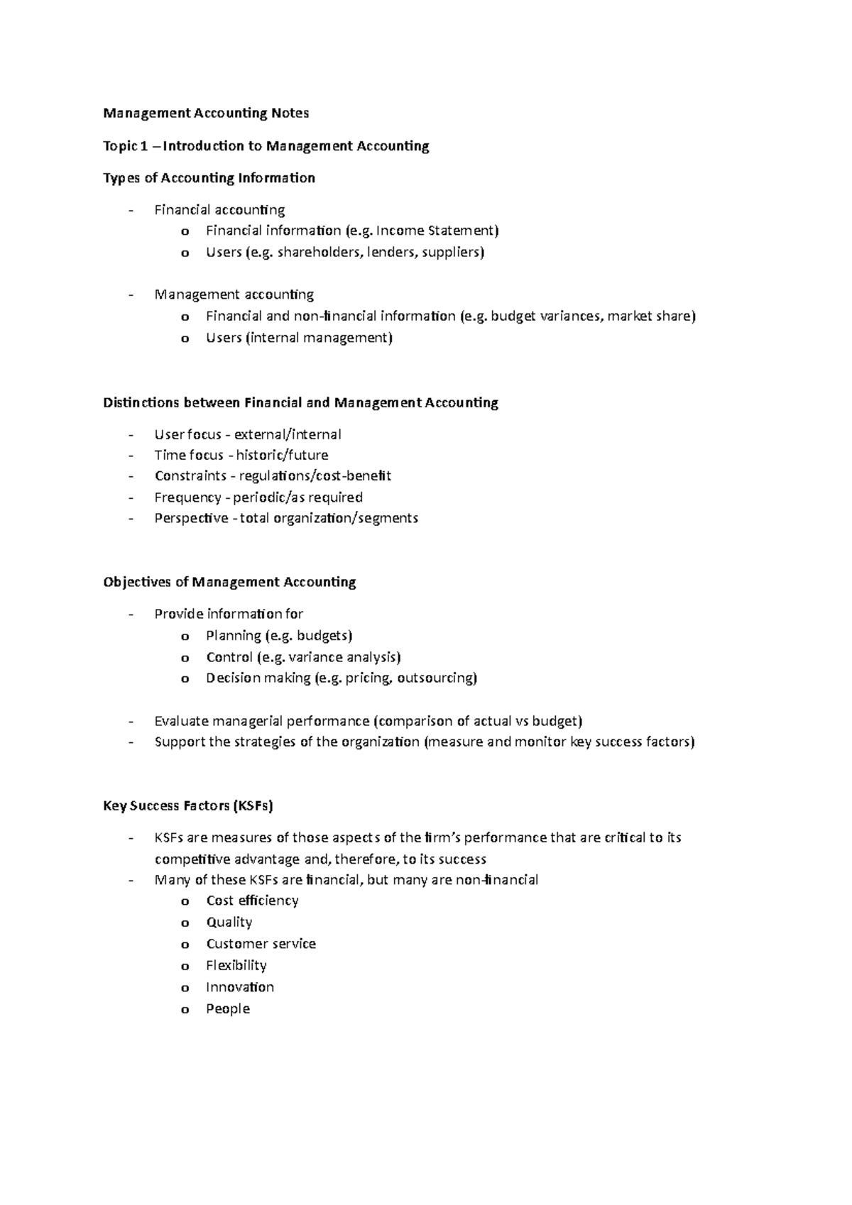 Management Accounting Notes - Key Concepts and Topics for MA 101 - Studocu