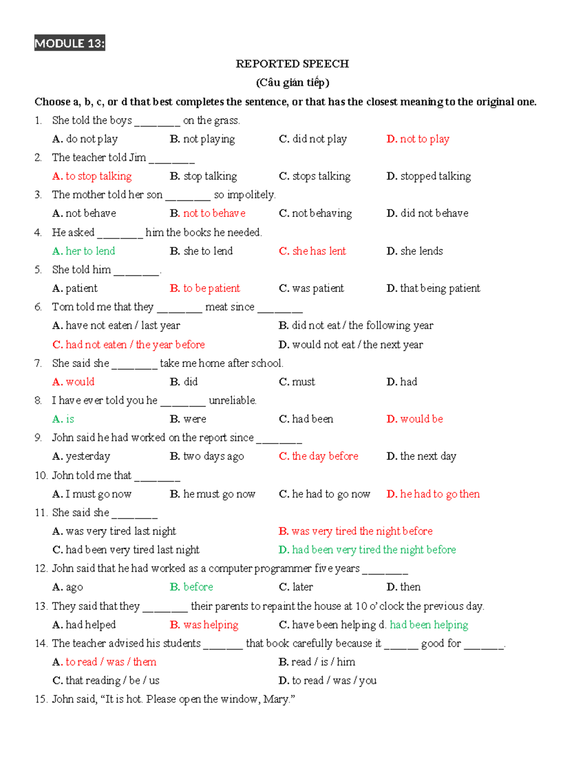 MODULE 13: REPORTED SPEECH EXERCISES AND ANSWERS - Studocu