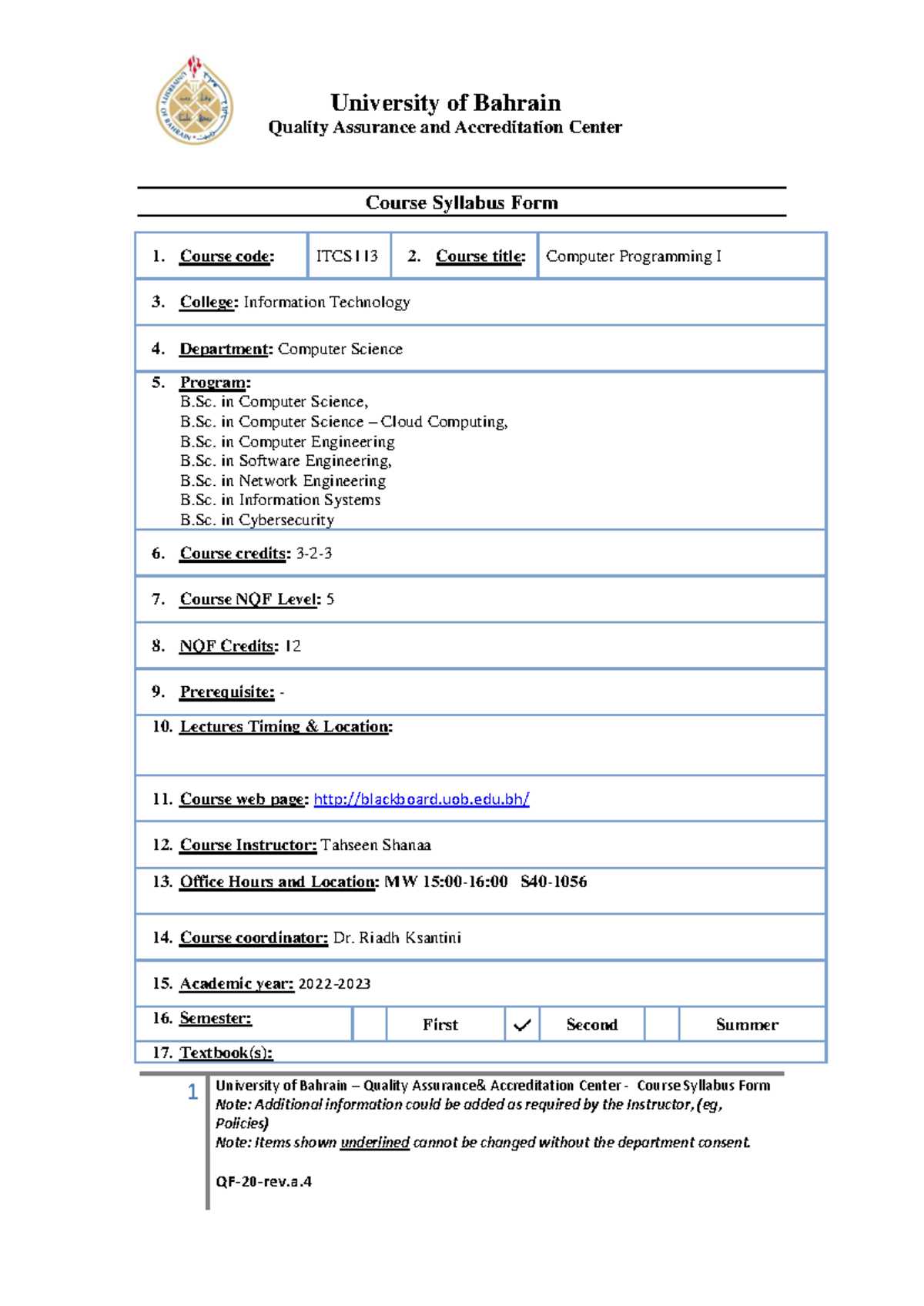 ITCS113 Course Syllabus: Computer Programming I Overview - Studocu