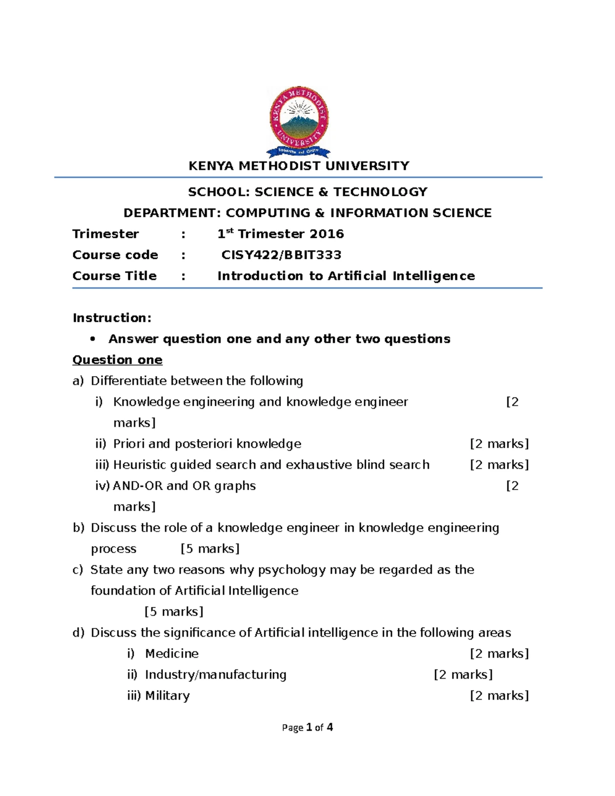 Artificial intelligence (B BIT 333-CISY-422) 1ST Trimester 2016
