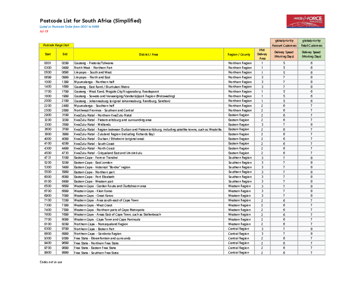ZA Postcodes Jul19 v1 290719 0 - Postcode List for South Africa ...