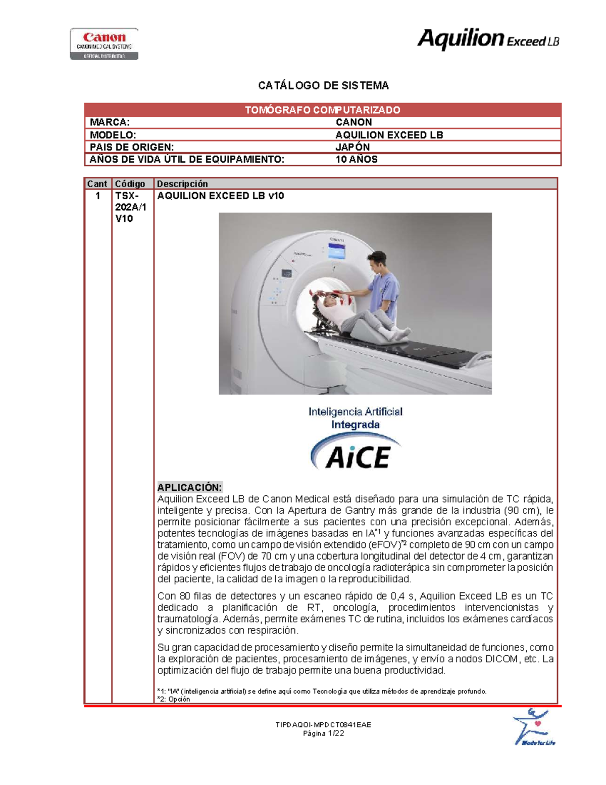 Ficha Técnica del Tomógrafo Aquilion Exceed LB - CATÁLOGO 2023 - Document Preview