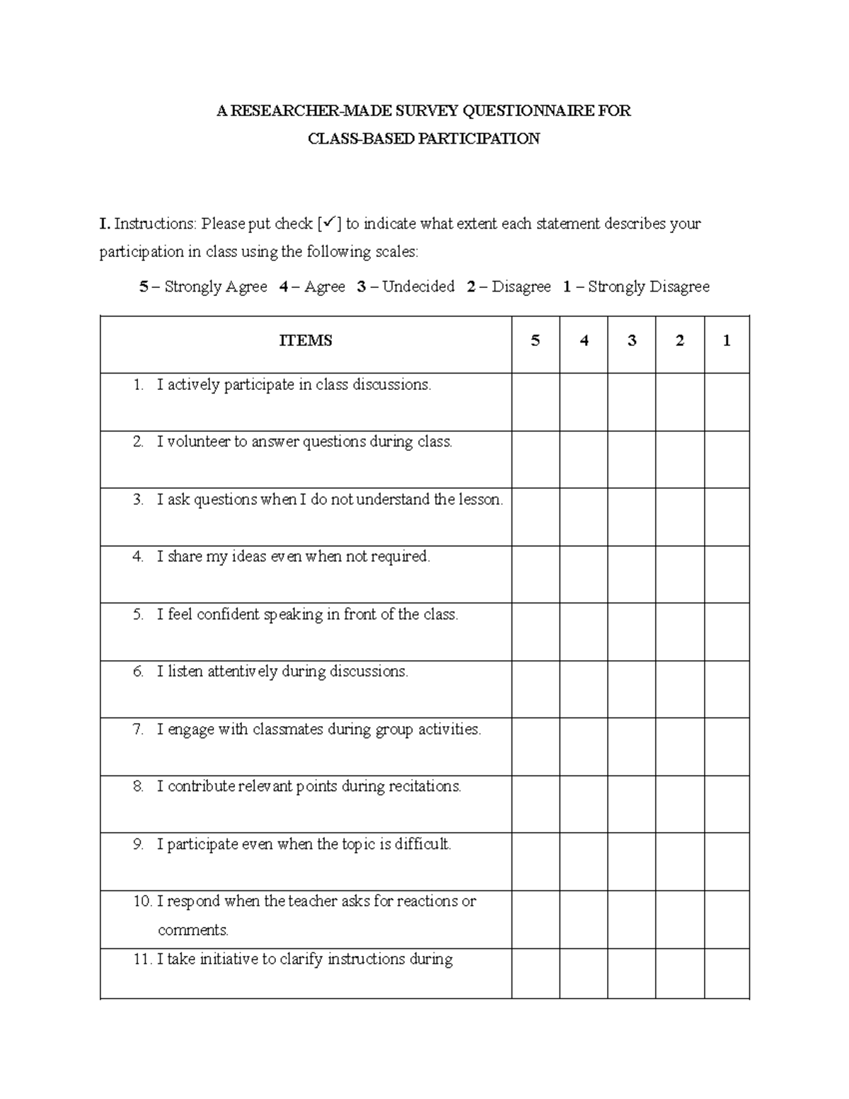 Survey Questionnaire on Class Participation - Studocu