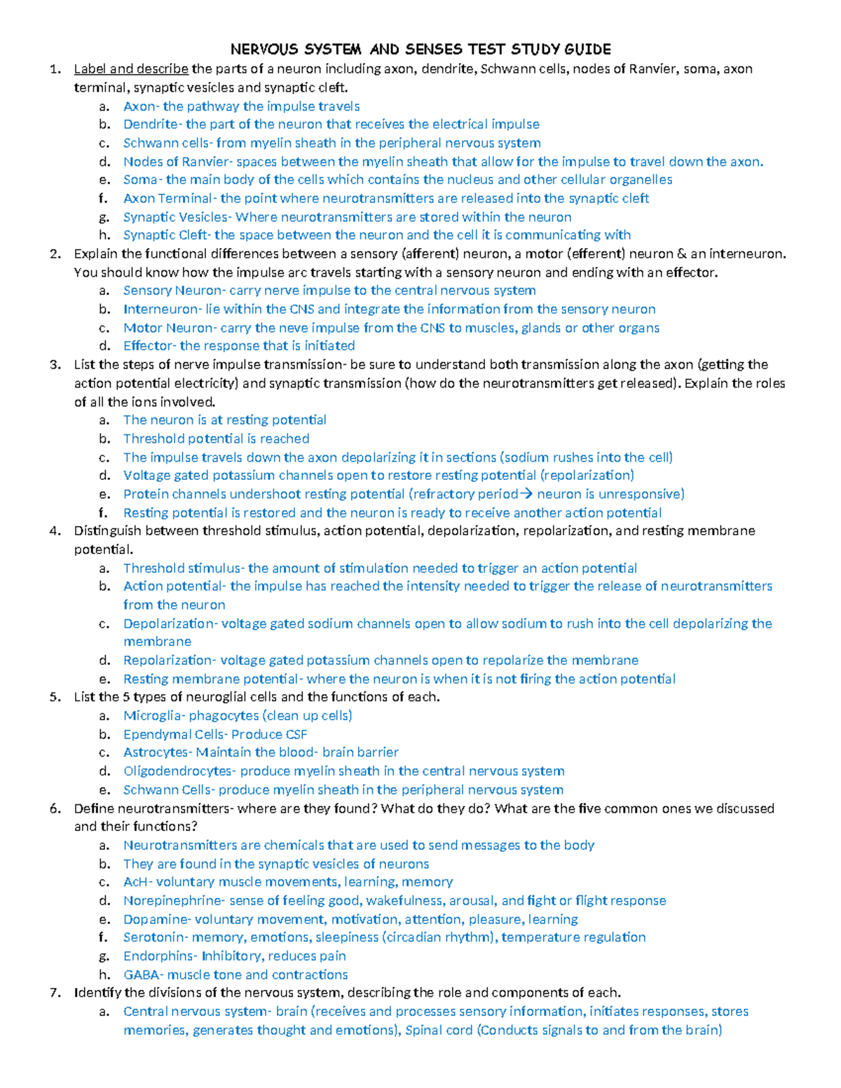 Nervous System (BIO101) Final Exam Study Guide and Review Notes - Studocu