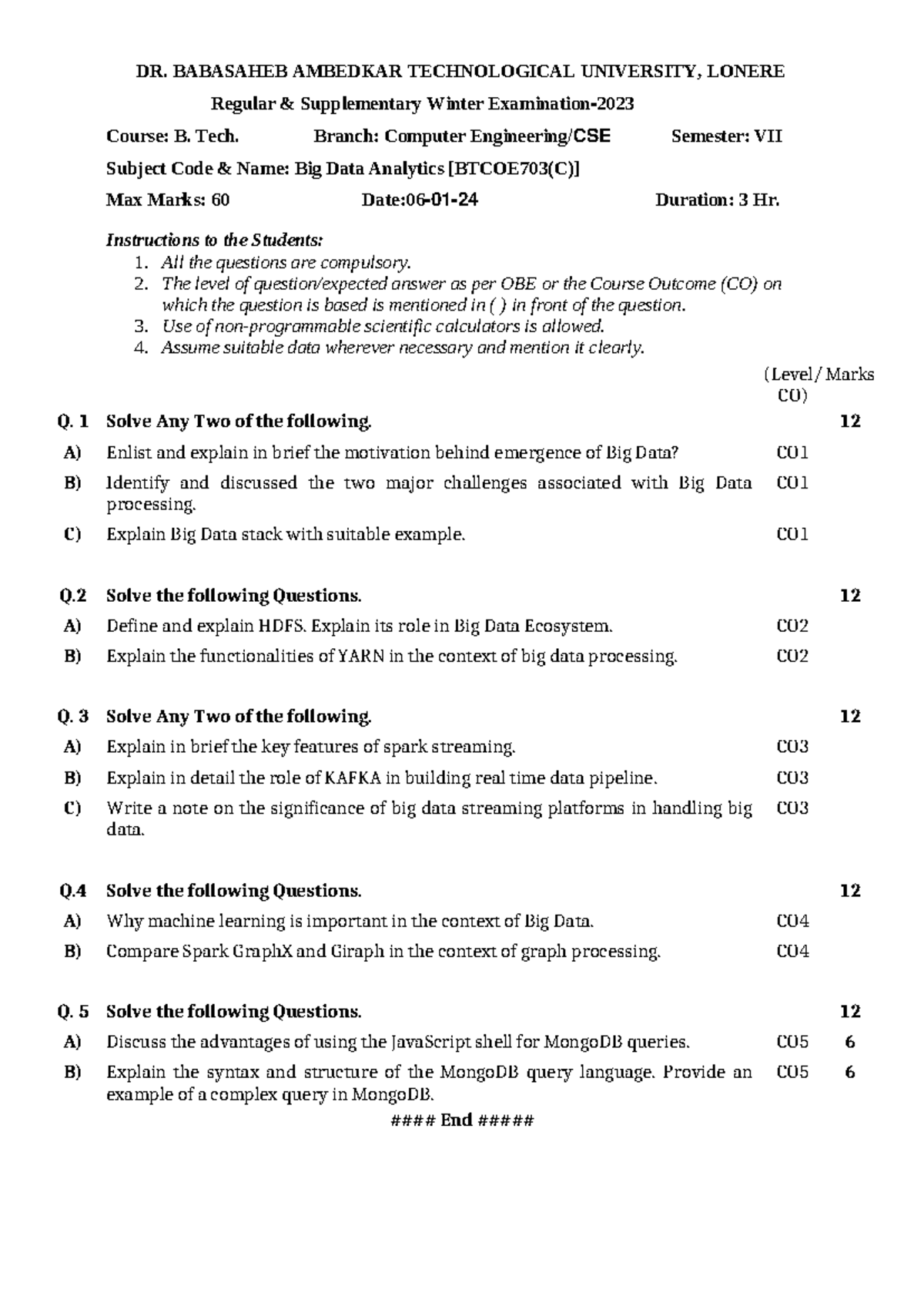 Big Data Analytics Exam - B. Tech VII Sem - 06-01-2024 - Studocu