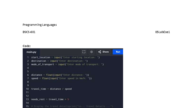 BSCS-601 05 Lab Execersice 1 Programming Languages - BS in Computer ...