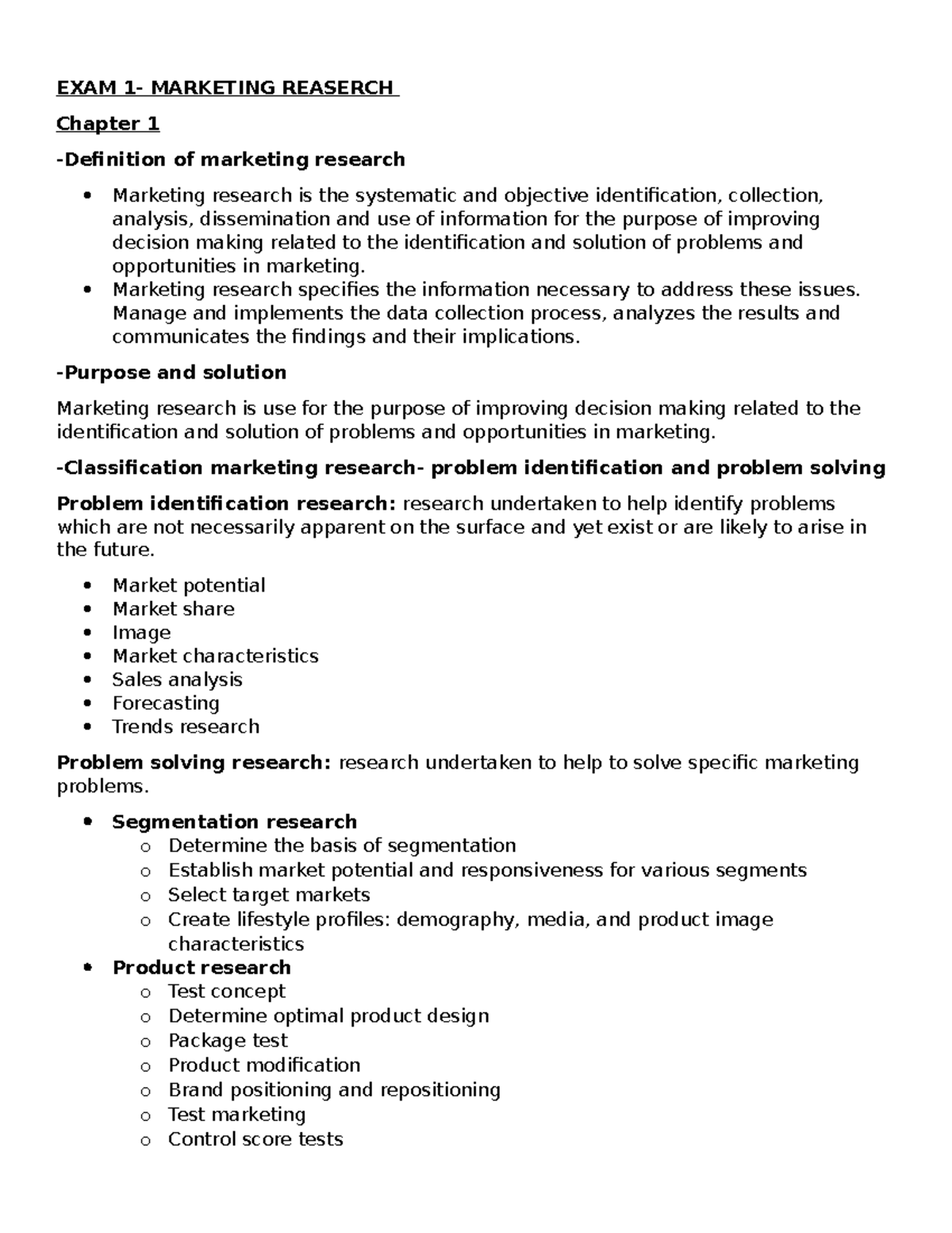 EXAM 1 Notes - Marketing Research (MKT 101) Insights and Overview - Studocu