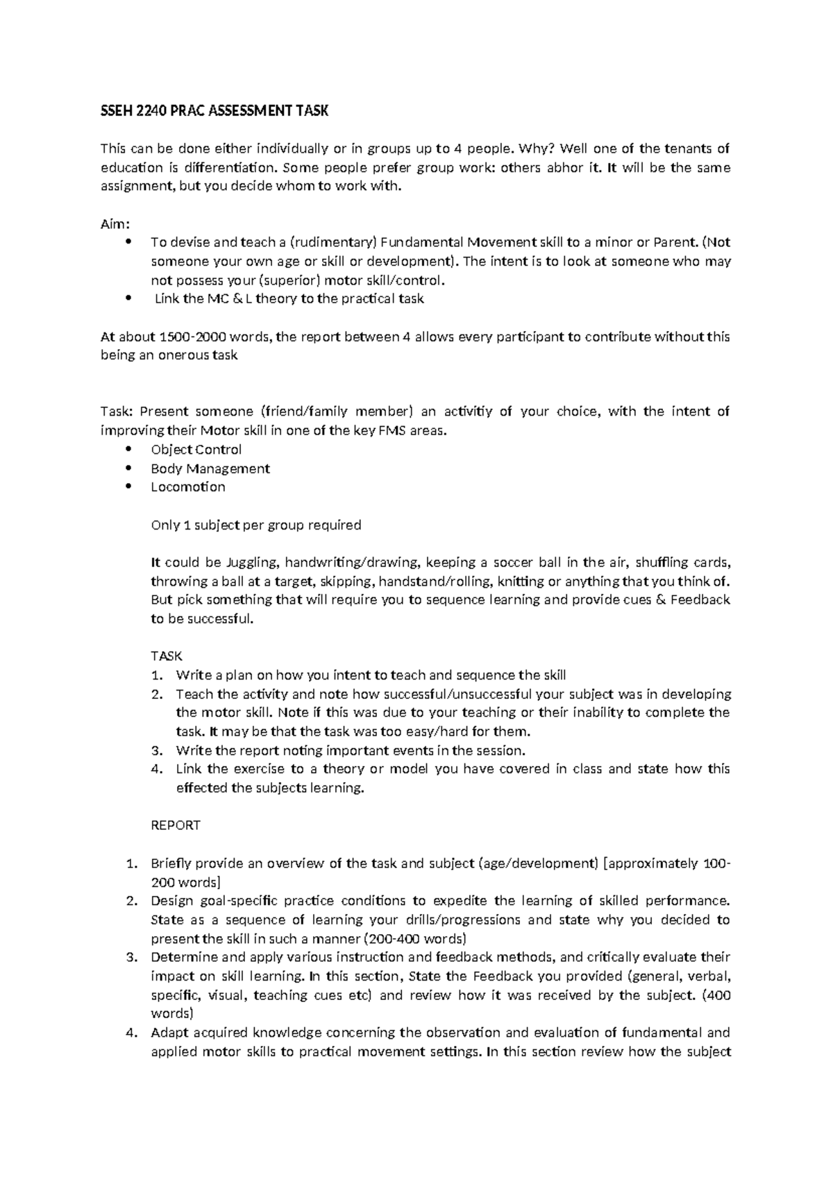 SSEH 2240 Motor Control Practical Assessment Report Guidelines 2023 ...