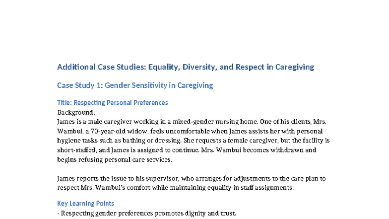 Equality, Diversity & Respect in Caregiving: Case Studies Analysis ...