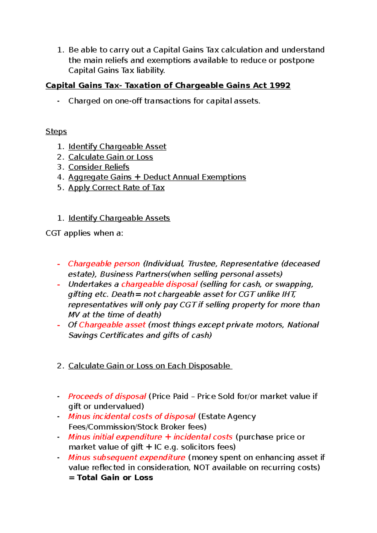 CGT Exam Notes for Taxation of Chargeable Gains (TCGA 1992) - Studocu