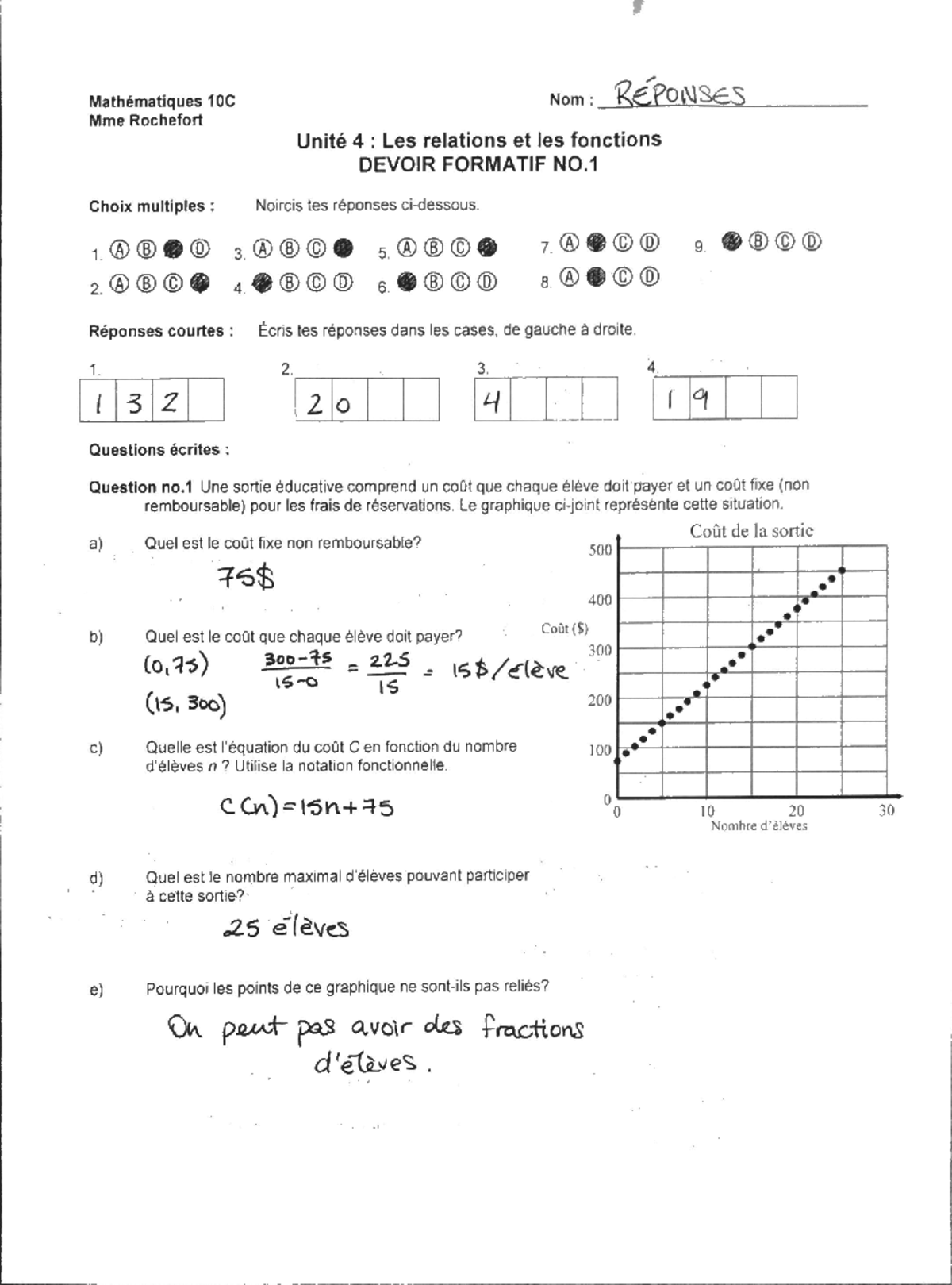 functions work - Mathématiques 10C Nom : REPONSES Mme Rochefort Unité 4 ...