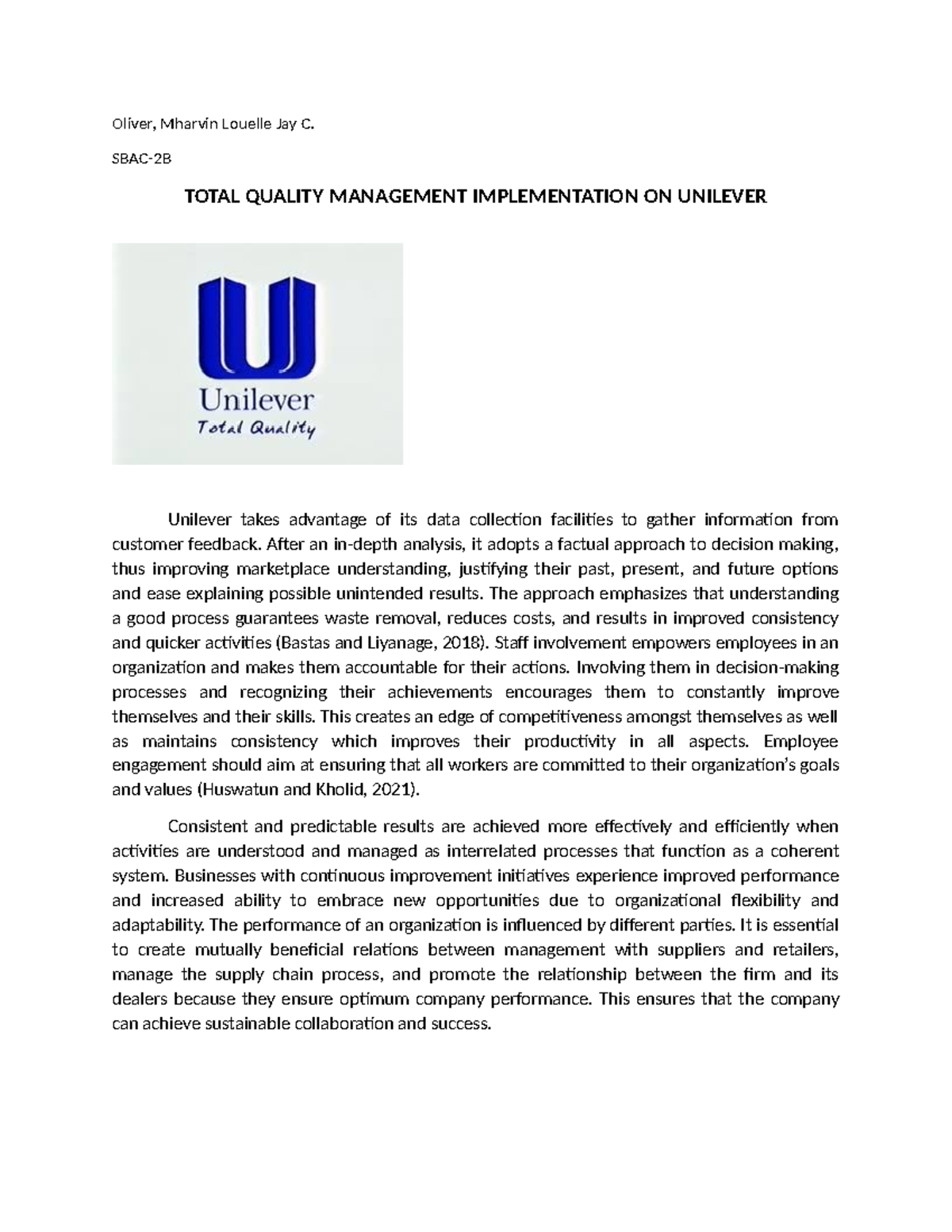 SBAC-2B Total Quality Management Implementation at Unilever - Studocu
