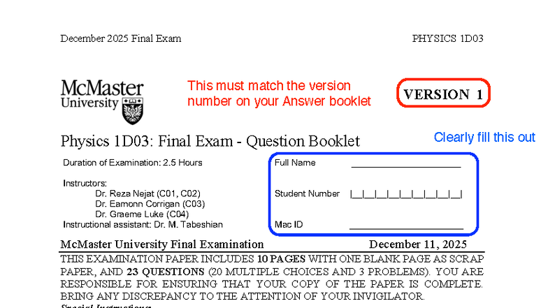 December 2025 PHYSICS 1D03 Final Exam Question Booklet - Studocu