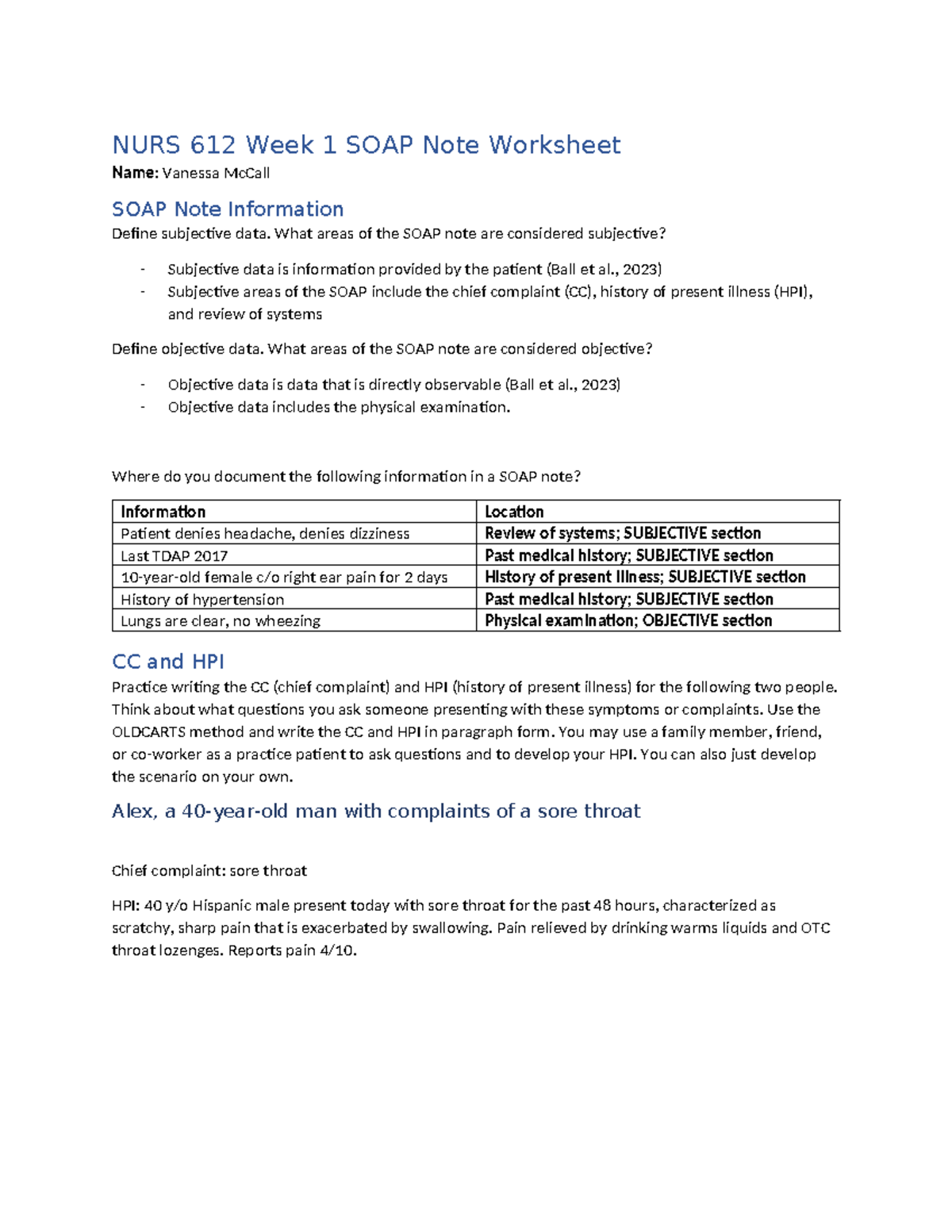 NURS 612 Week 1 SOAP Note Worksheet: Subjective and Objective Data ...