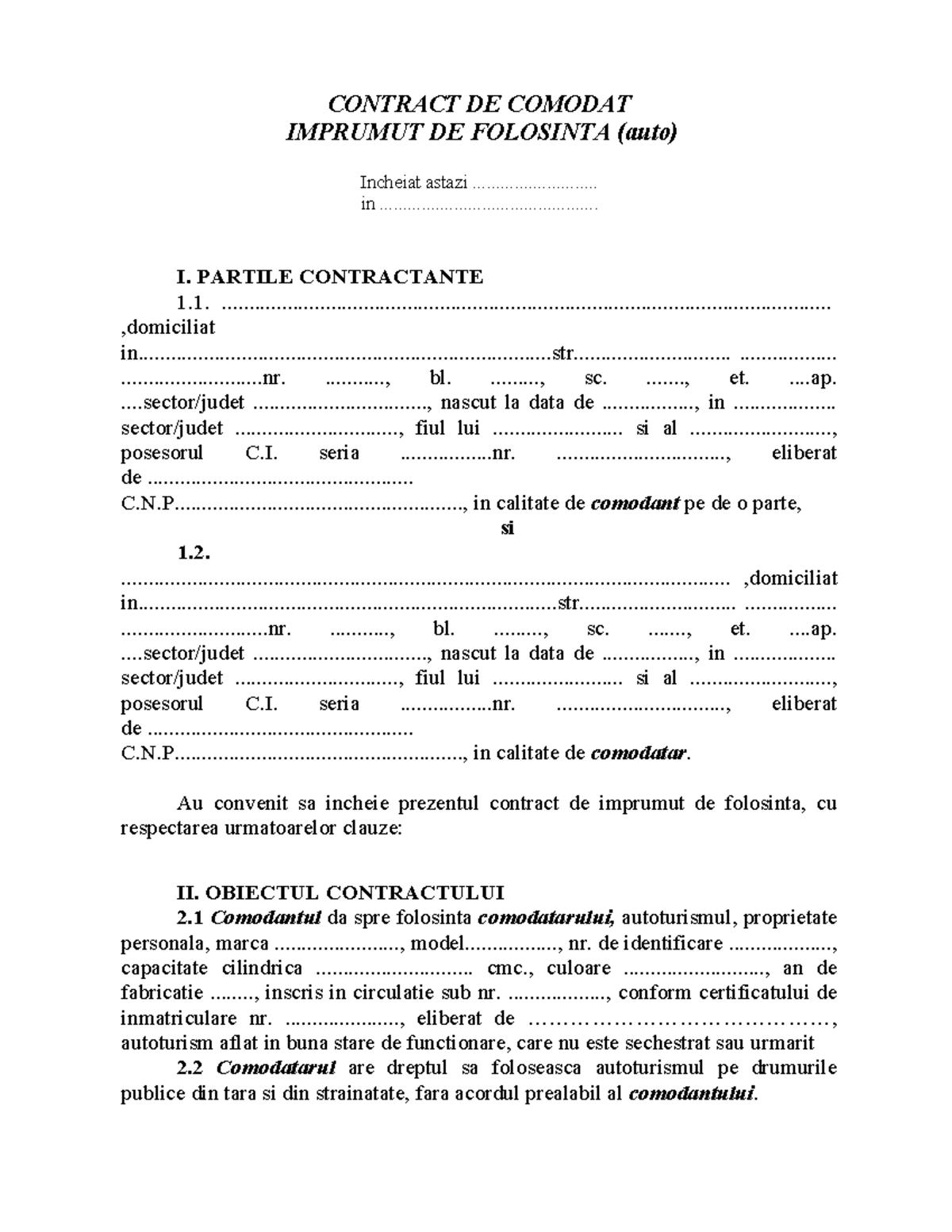Model Contract Comodat Persoane Fizice (Auto) - Studocu