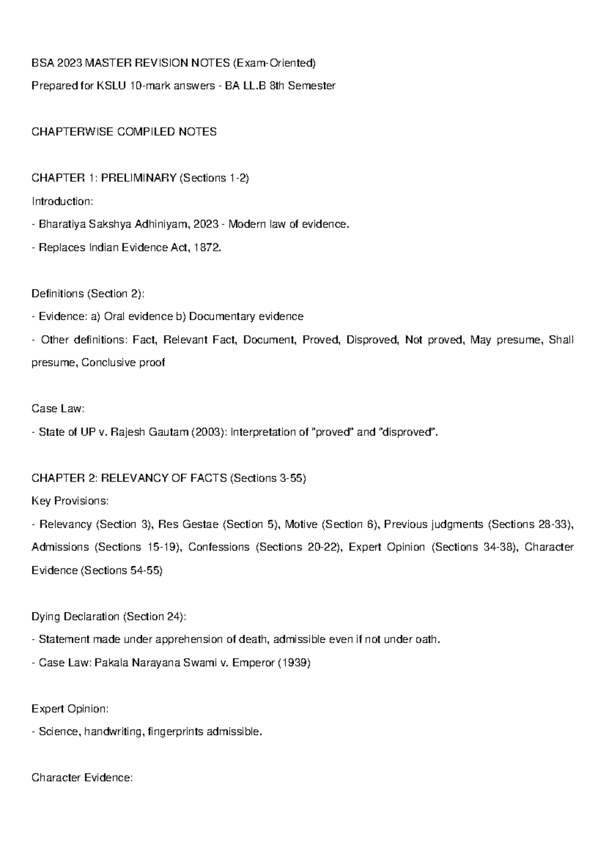 BSA 2023 Final Exam Revision Notes on Indian Evidence Law - Studocu