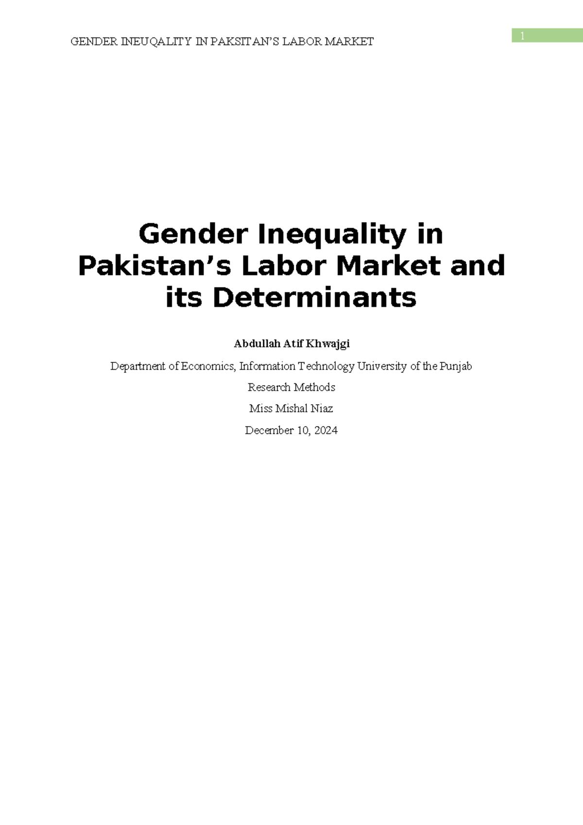 Gender Inequality in Pakistan's Labor Market: Analysis ...