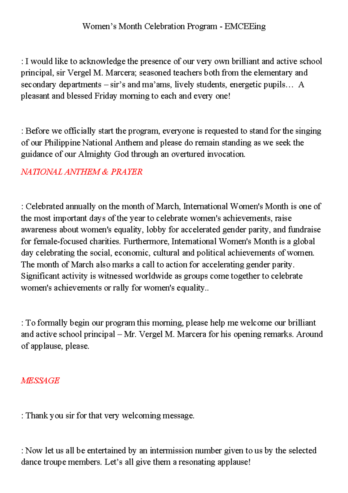 Women’s Month Celebration Program - Emceeing Script - Studocu