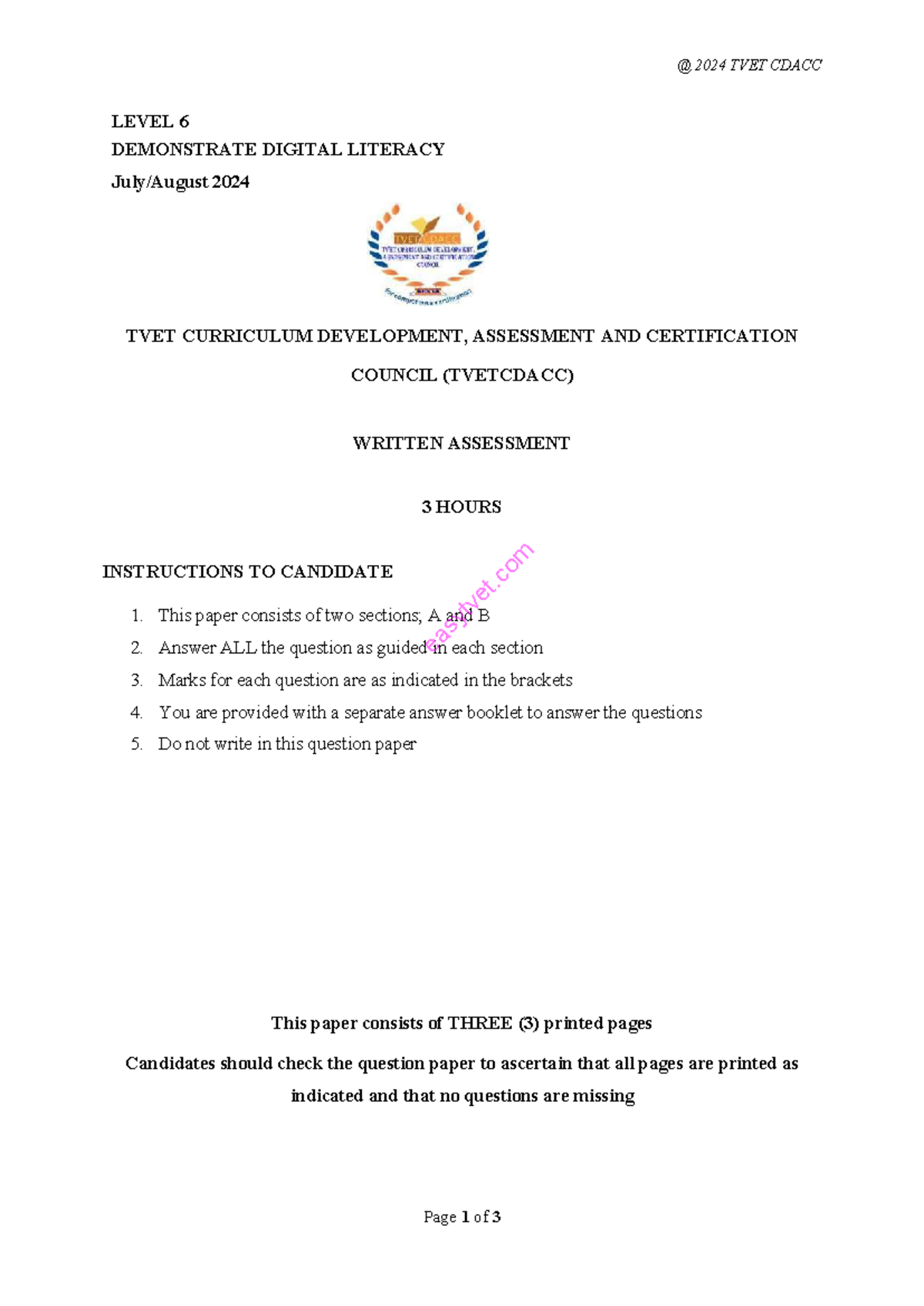 2024 TVET CDACC LEVEL 6 Digital Literacy Written Assessment Guide - Studocu