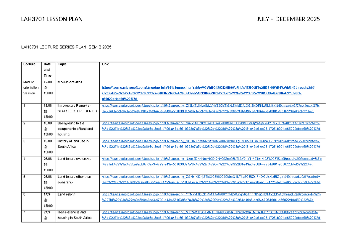 LAH3701 LECTURE SERIES PLAN: SEM 2 2025 OVERVIEW - Studocu