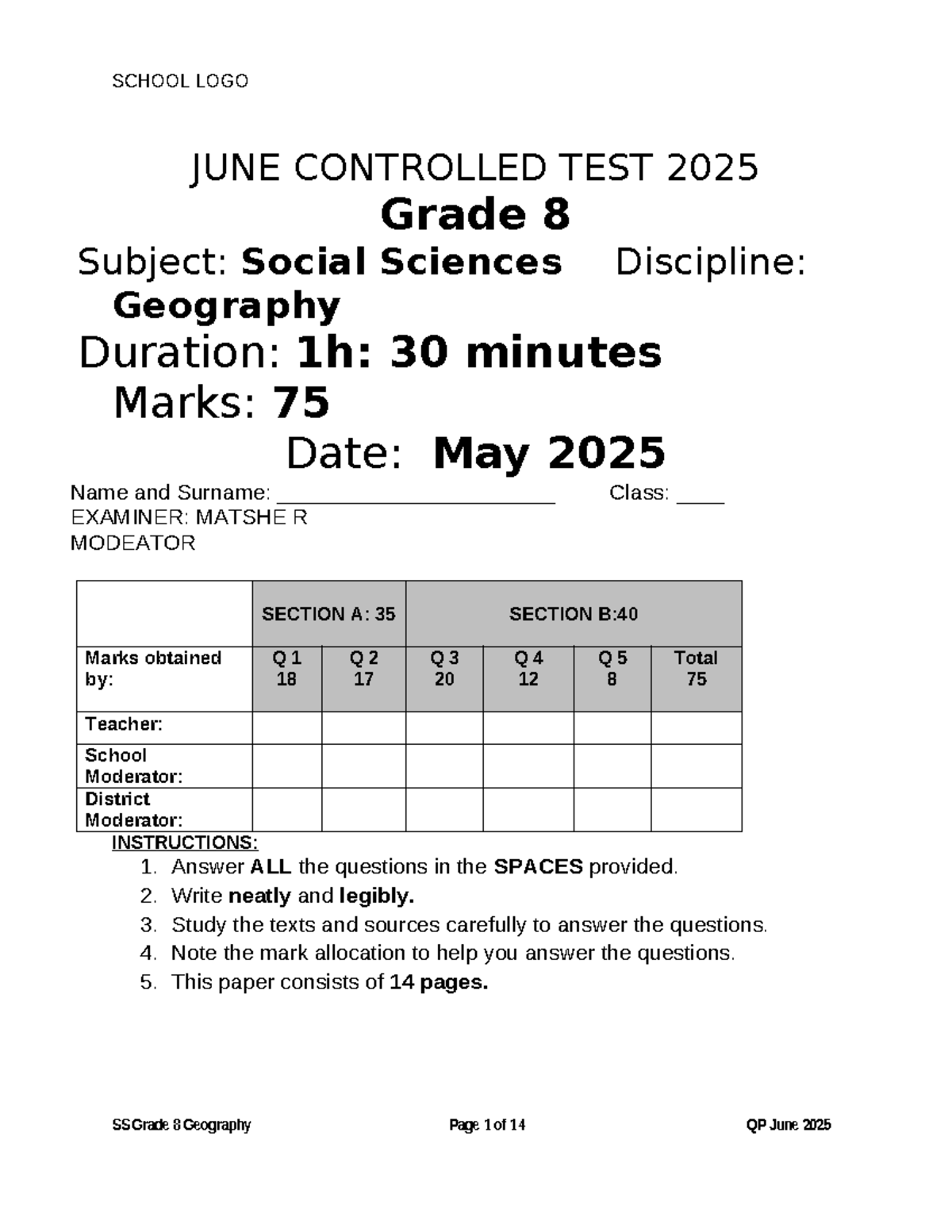 SS G8 Geography June 2025 Controlled Test QP - Studocu