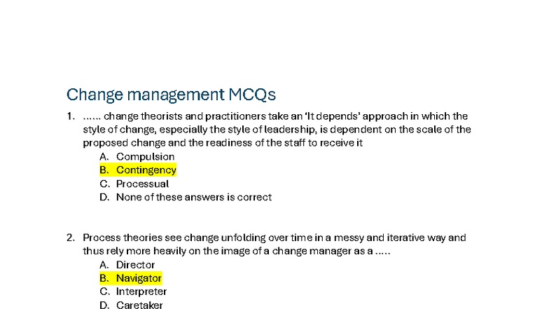 Change Management MCQs - Tutorial Questions and Answers - Studocu