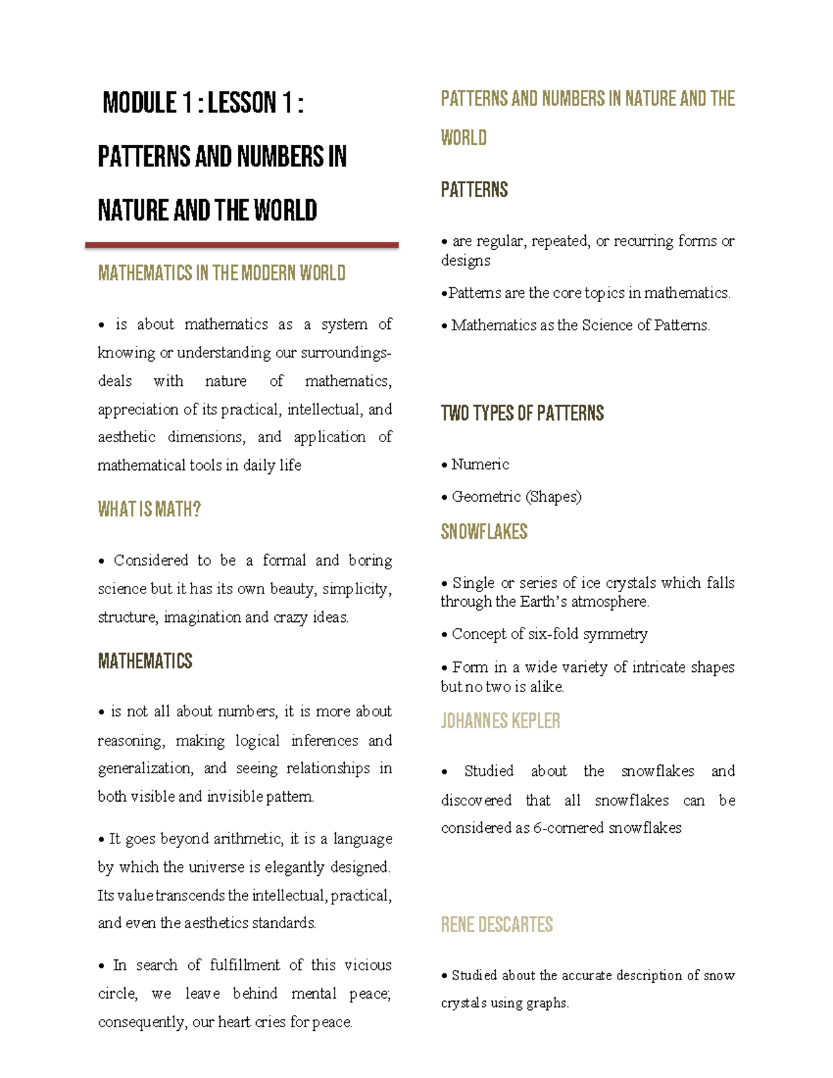 MMW Notes - MATM111: Patterns and Numbers in Nature (Module 1) - Studocu