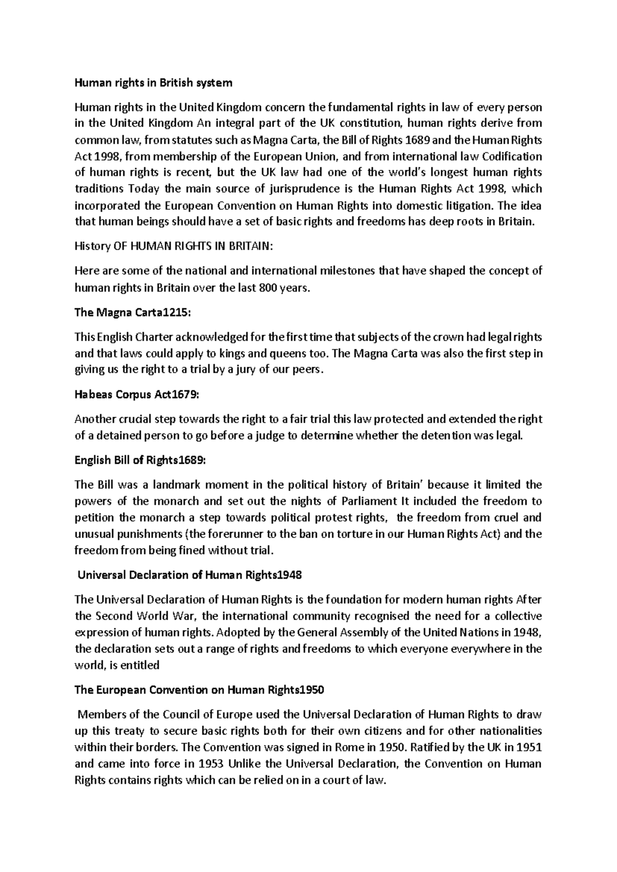 Human Rights in the UK: A Historical Overview and Legal Framework - Studocu