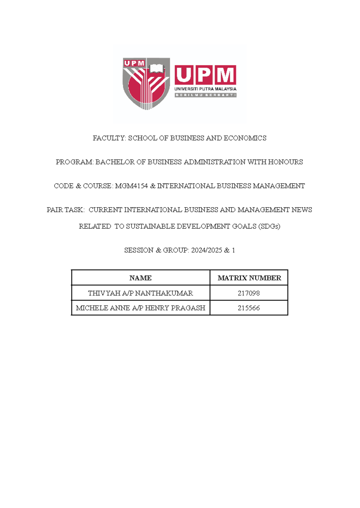 (PAIR Assignment) - FACULTY: SCHOOL OF BUSINESS AND ECONOMICS PROGRAM ...