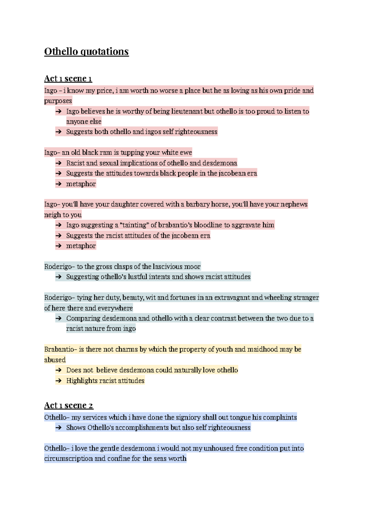 Othello Quotations Analysis: Act 1 to Act 5 Insights - Studocu