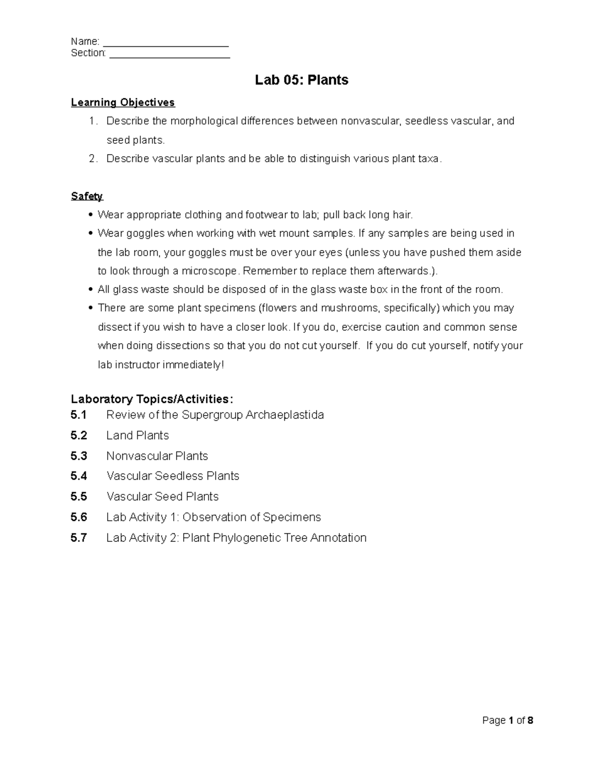 Lab 05: Plants Protocol & Data Sheet v3 for Botany Course - Studocu