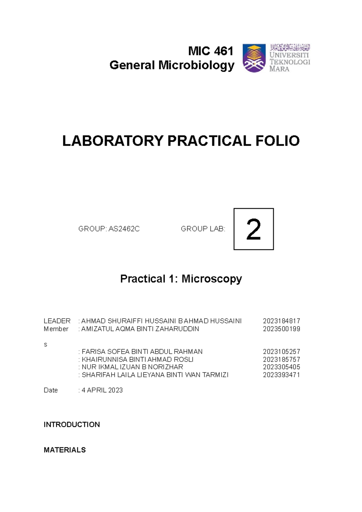 MIC 461 Practical 1 - Comprehensive Guide to Microscopy Techniques ...